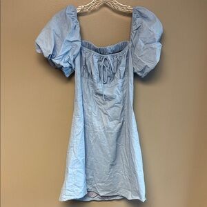 Princess Polly Linen Blend Mini Dress Size 6 Blue Puff Sleeve NWT